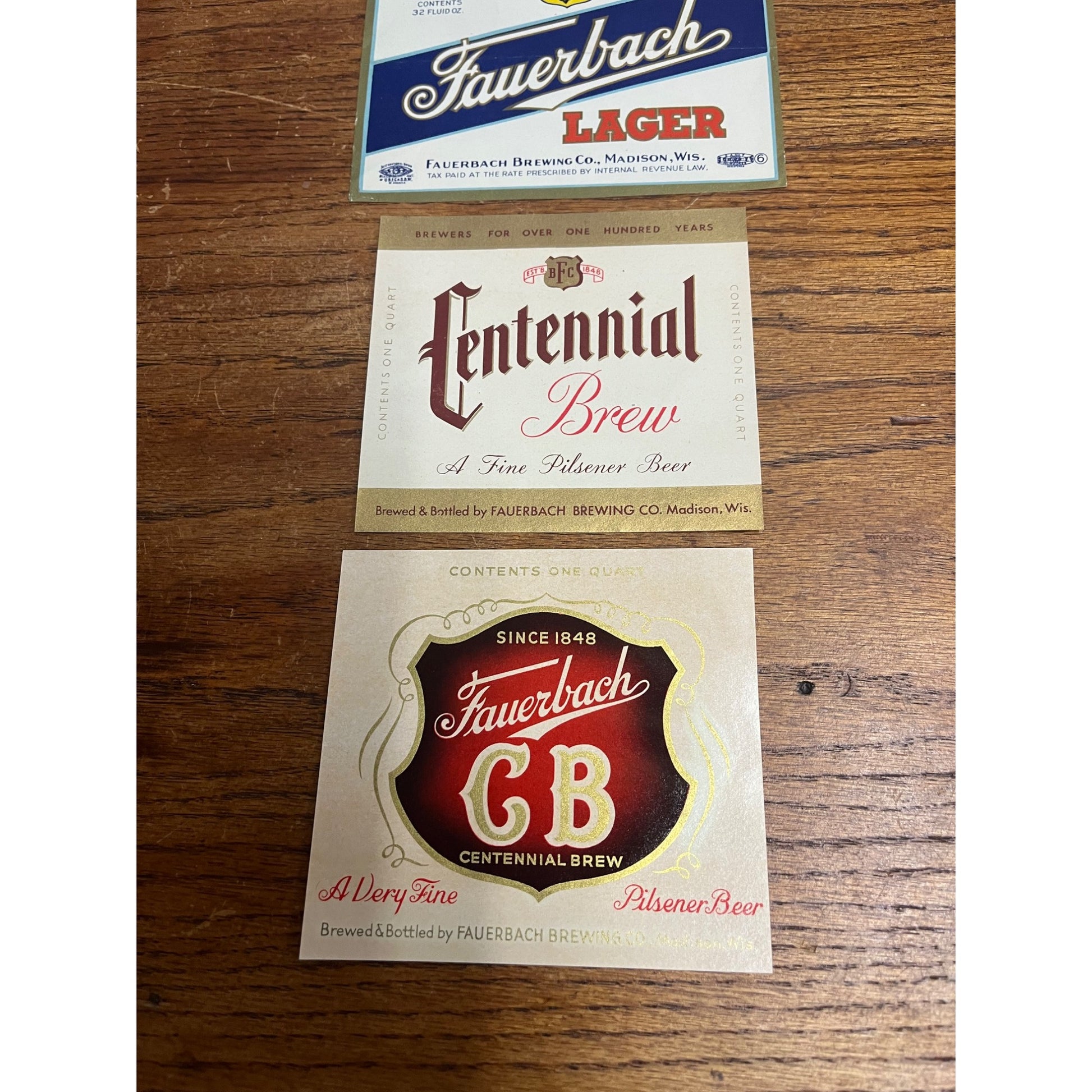 Vintage Fauerbach Brewing Co. Madison Wis Lot (3) Quart Labels Centennial CB