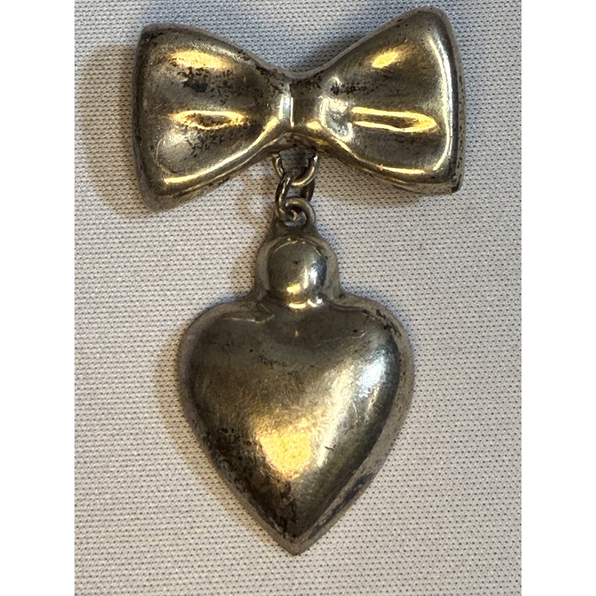 Vintage Sterling Silver Bow & Dangling Heart Brooch Pin Pendant Signed "925"