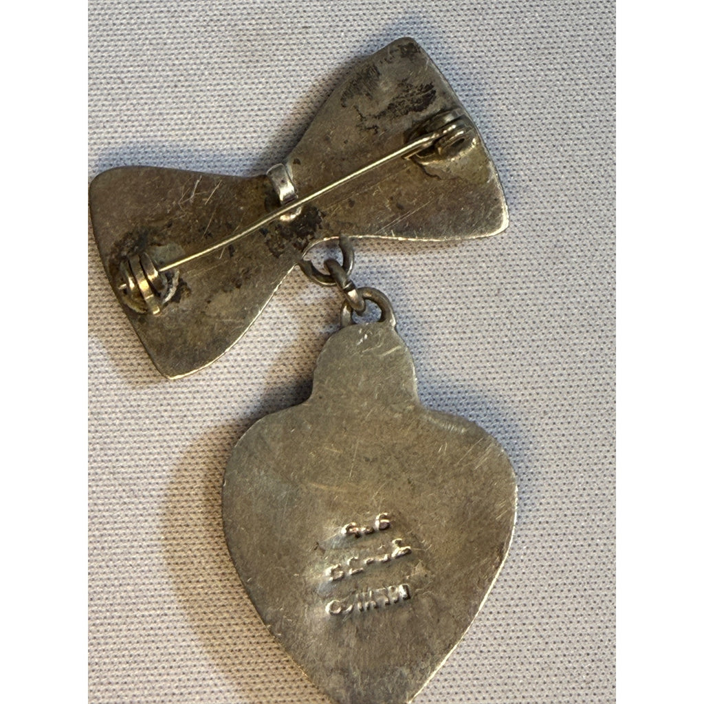 Vintage Sterling Silver Bow & Dangling Heart Brooch Pin Pendant Signed "925"