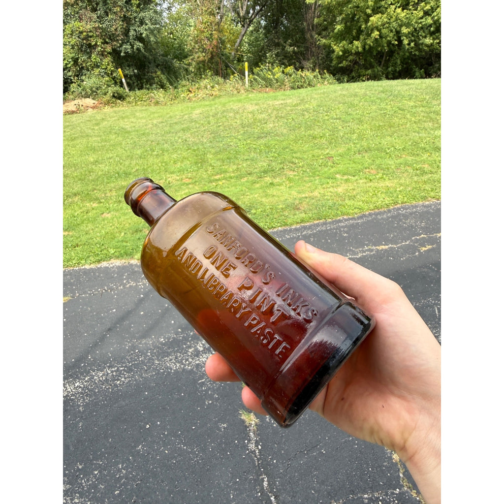 Vintage Honey Amber Sanford's Inks One Pint and Library Paste Bottle Embossed