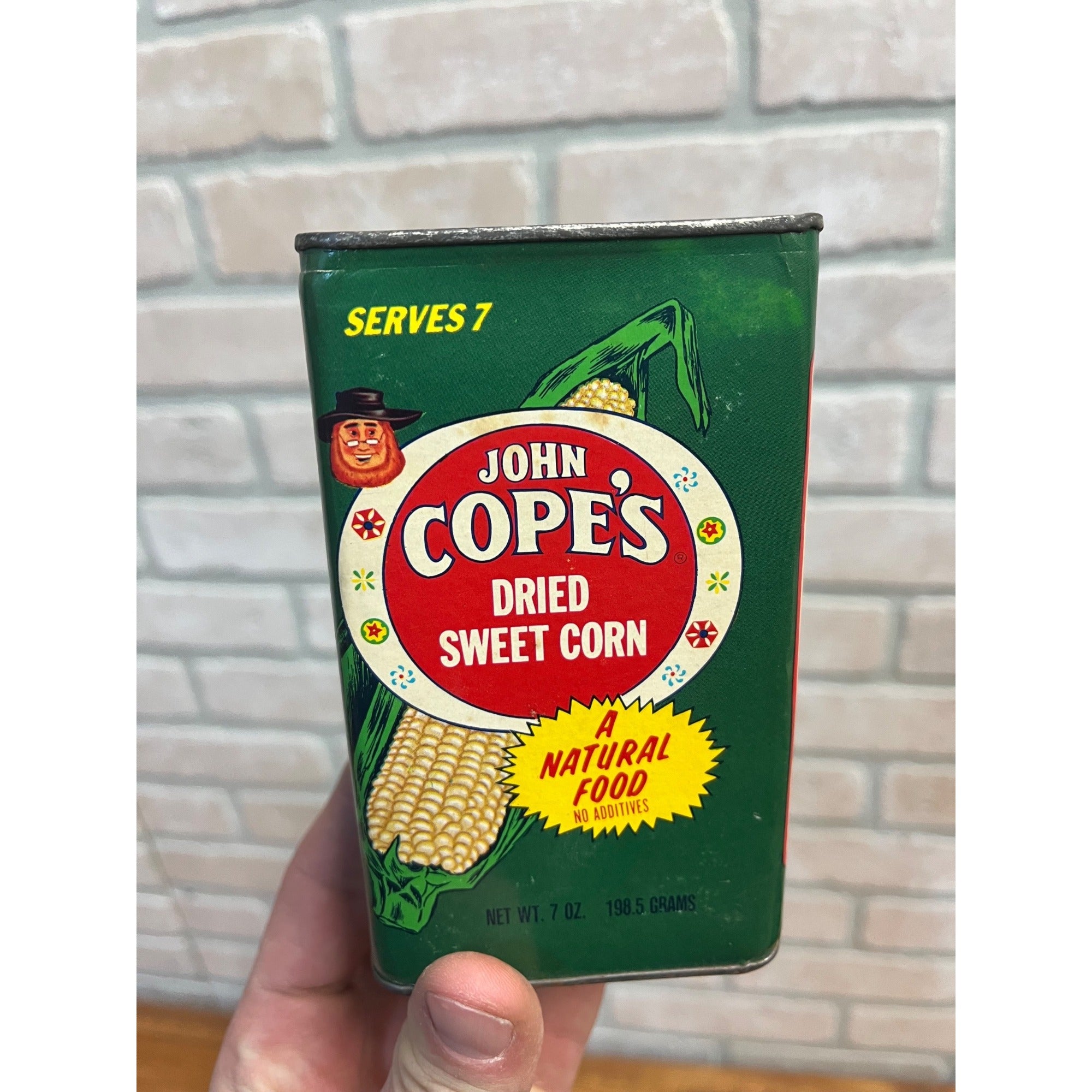 Vintage John Cope’s Dried Sweet Corn 7oz in Cardboard & Tin Container