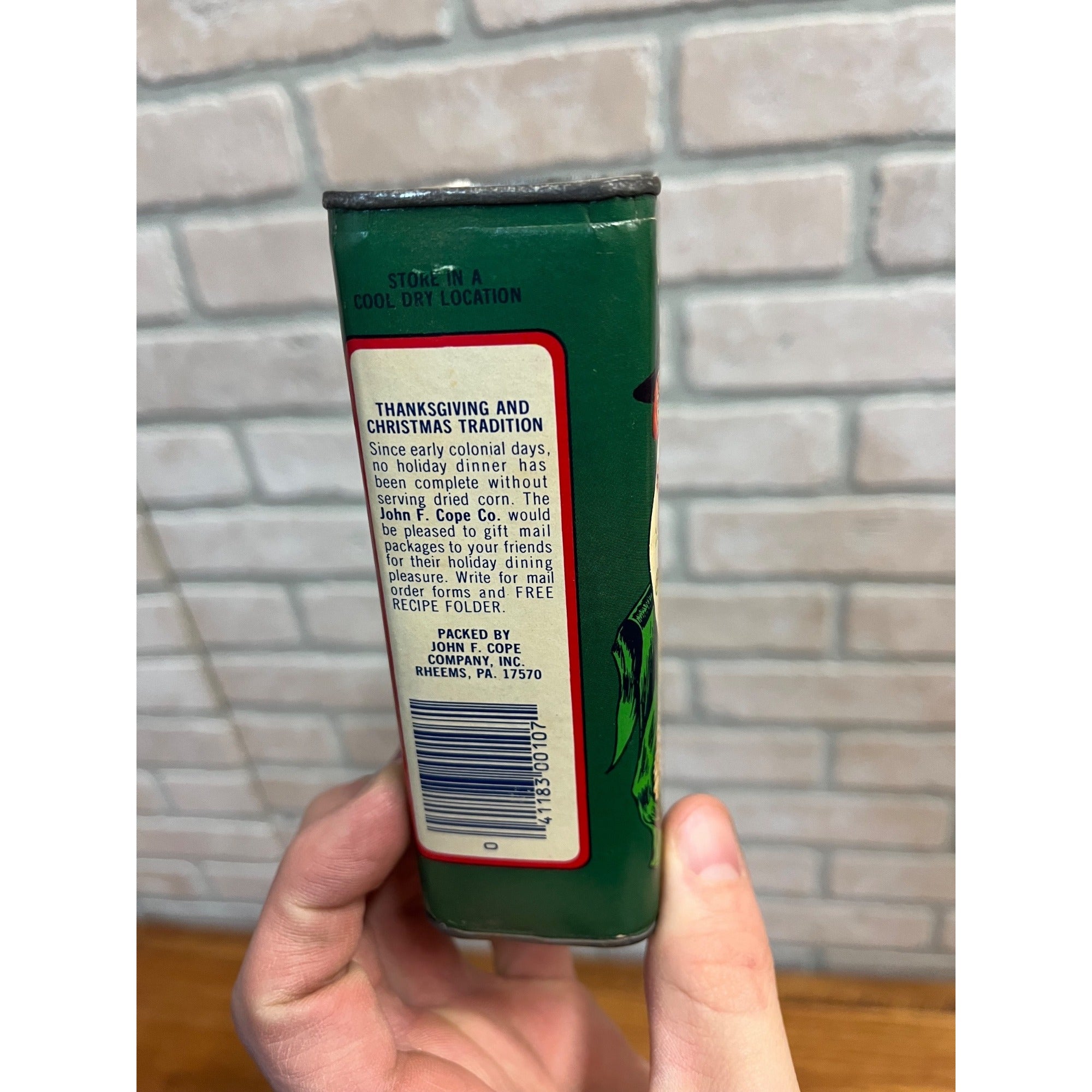 Vintage John Cope’s Dried Sweet Corn 7oz in Cardboard & Tin Container