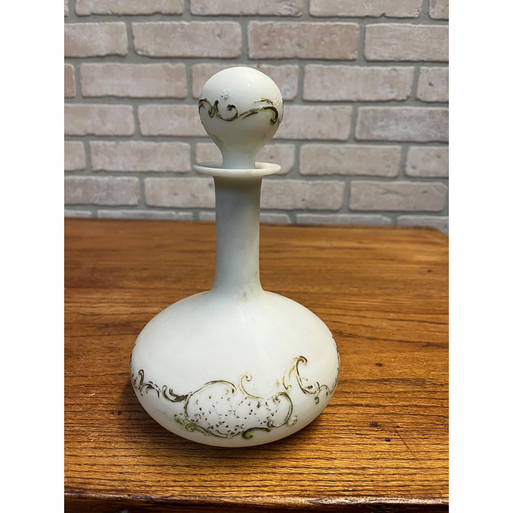 Antique Victorian Milk Glass Vanity Dresser Bottle Decanter w/ Stopper Gold Ornate Detail