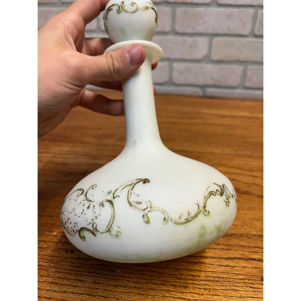 Antique Victorian Milk Glass Vanity Dresser Bottle Decanter w/ Stopper Gold Ornate Detail