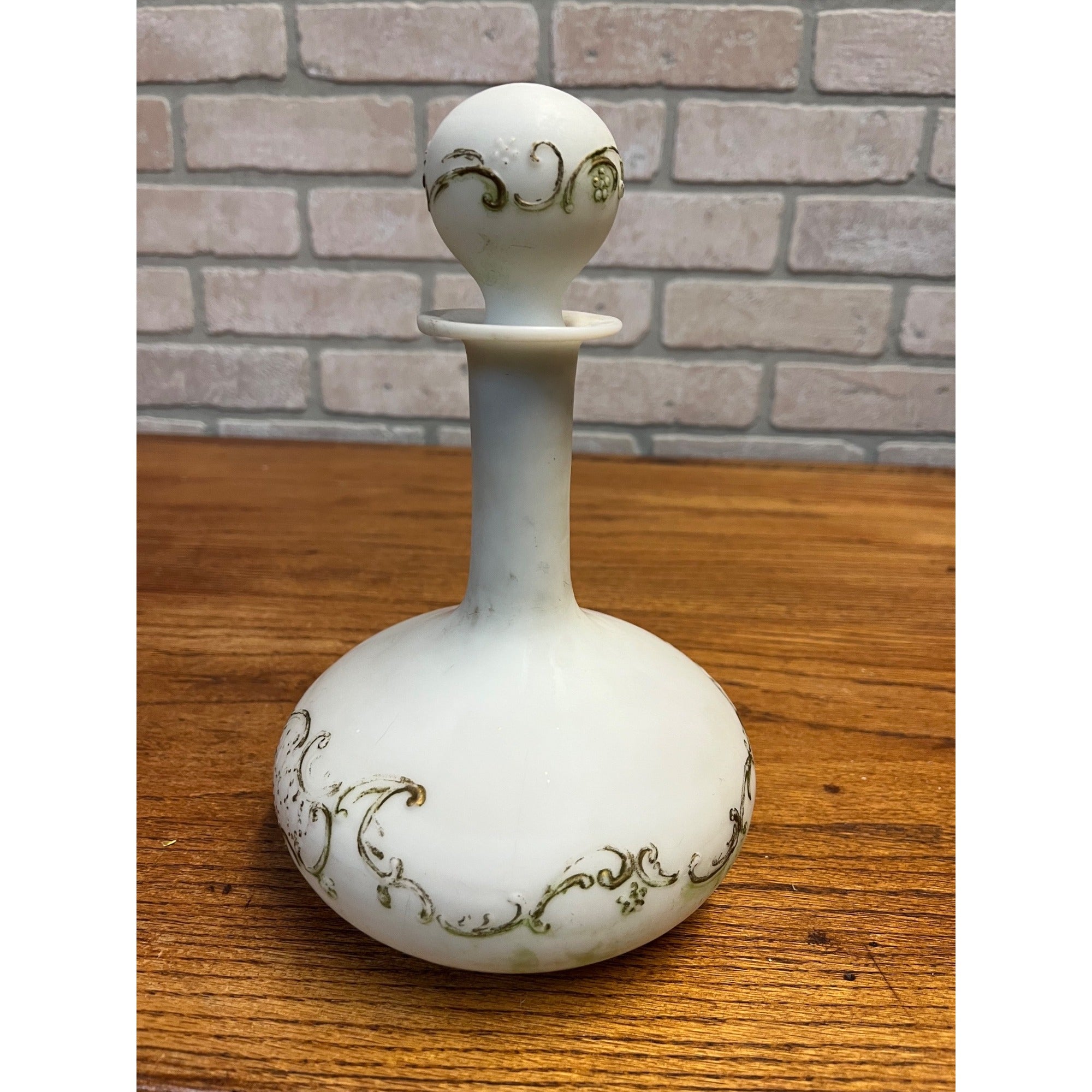 Antique Victorian Milk Glass Vanity Dresser Bottle Decanter w/ Stopper Gold Ornate Detail
