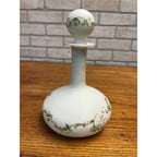 Antique Victorian Milk Glass Vanity Dresser Bottle Decanter w/ Stopper Gold Ornate Detail