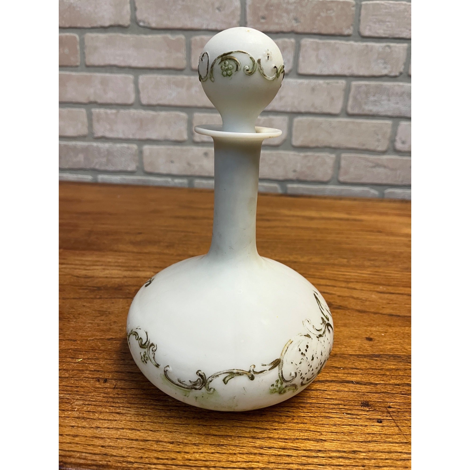 Antique Victorian Milk Glass Vanity Dresser Bottle Decanter w/ Stopper Gold Ornate Detail