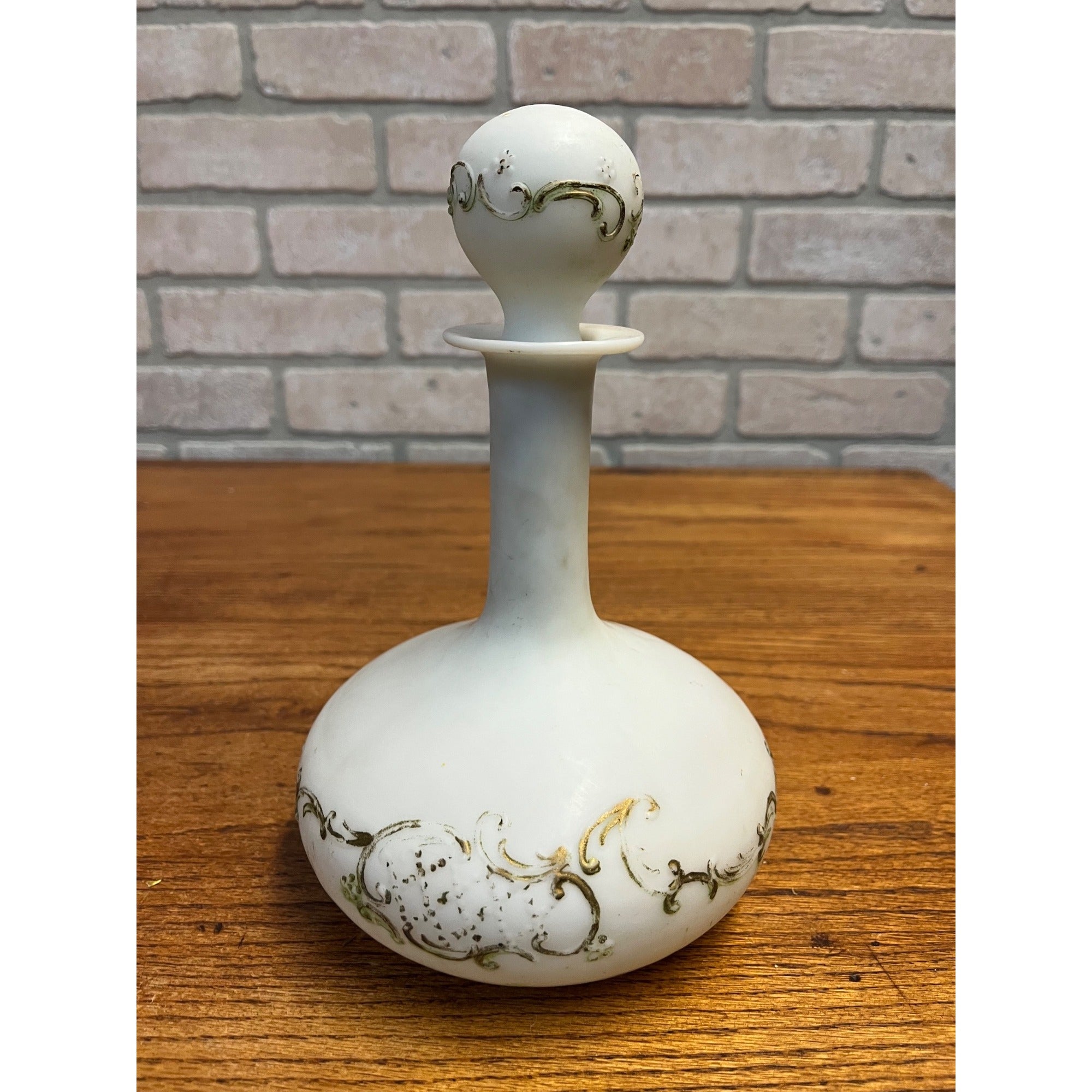 Antique Victorian Milk Glass Vanity Dresser Bottle Decanter w/ Stopper Gold Ornate Detail