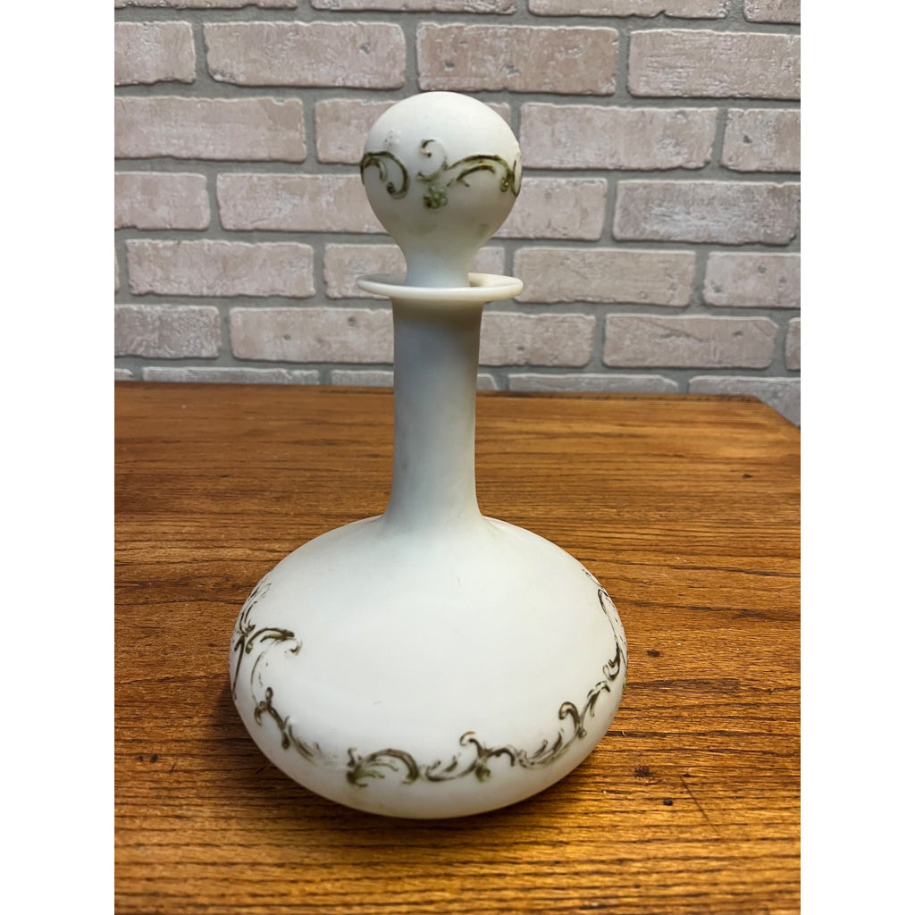 Antique Victorian Milk Glass Vanity Dresser Bottle Decanter w/ Stopper Gold Ornate Detail