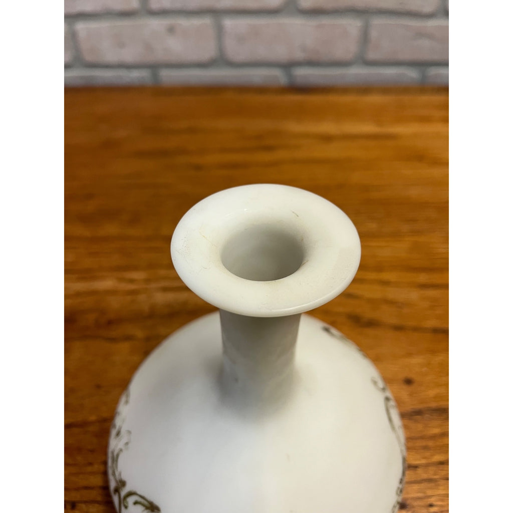 Antique Victorian Milk Glass Vanity Dresser Bottle Decanter w/ Stopper Gold Ornate Detail