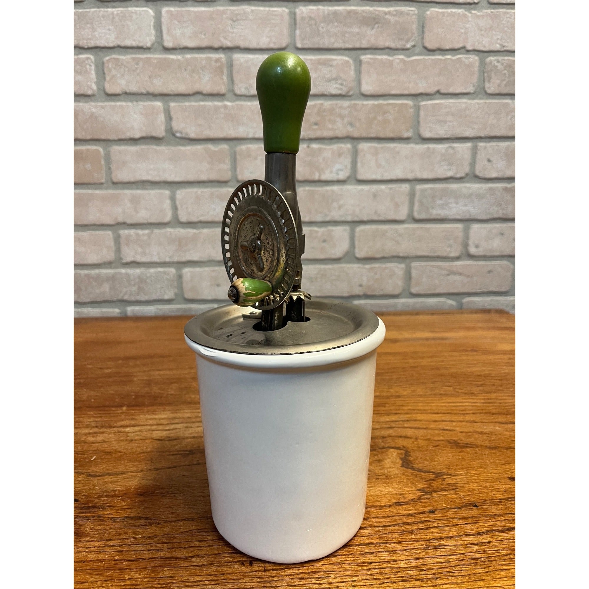 Vintage Merry Whirl Hand-Crank Egg Beater Enameled Cast Iron Jar Primitive Kitchen Decor