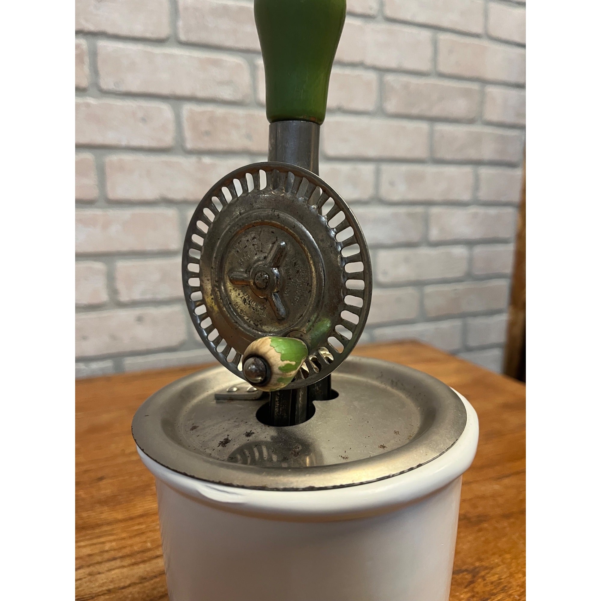 Vintage Merry Whirl Hand-Crank Egg Beater Enameled Cast Iron Jar Primitive Kitchen Decor