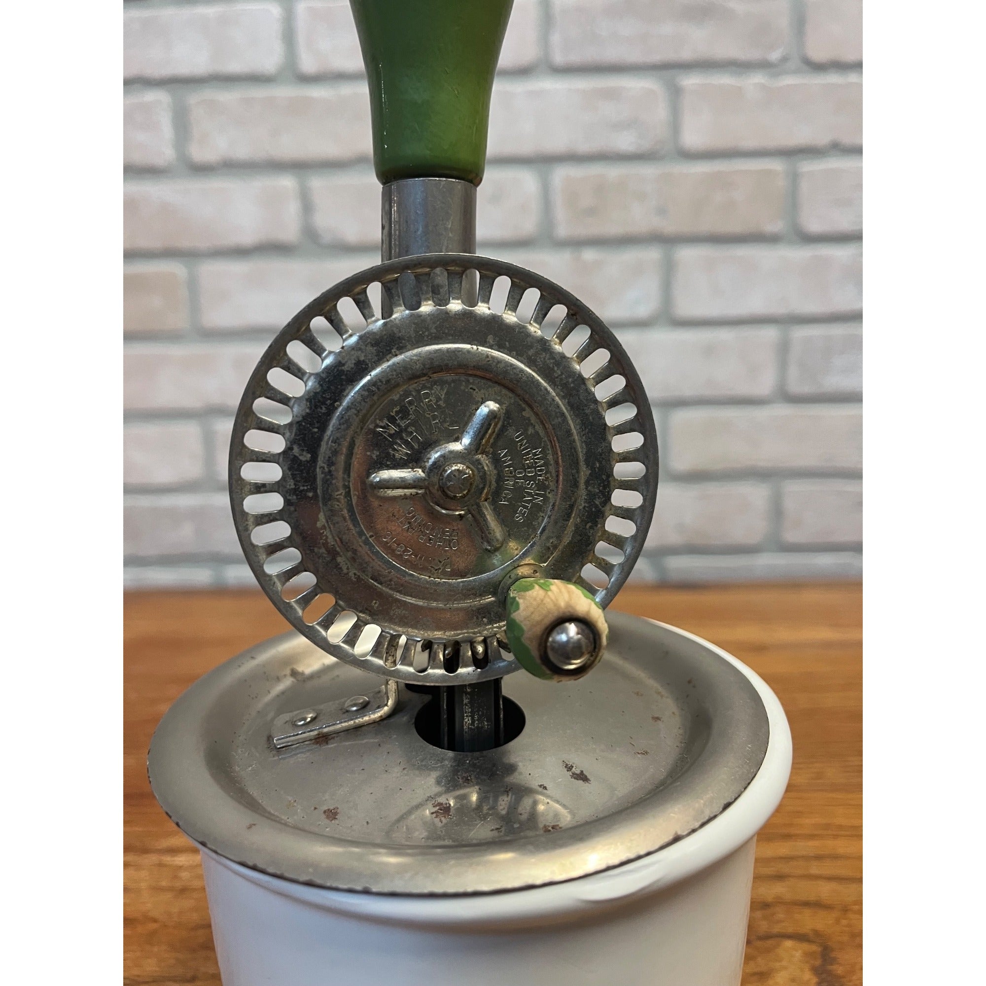 Vintage Merry Whirl Hand-Crank Egg Beater Enameled Cast Iron Jar Primitive Kitchen Decor