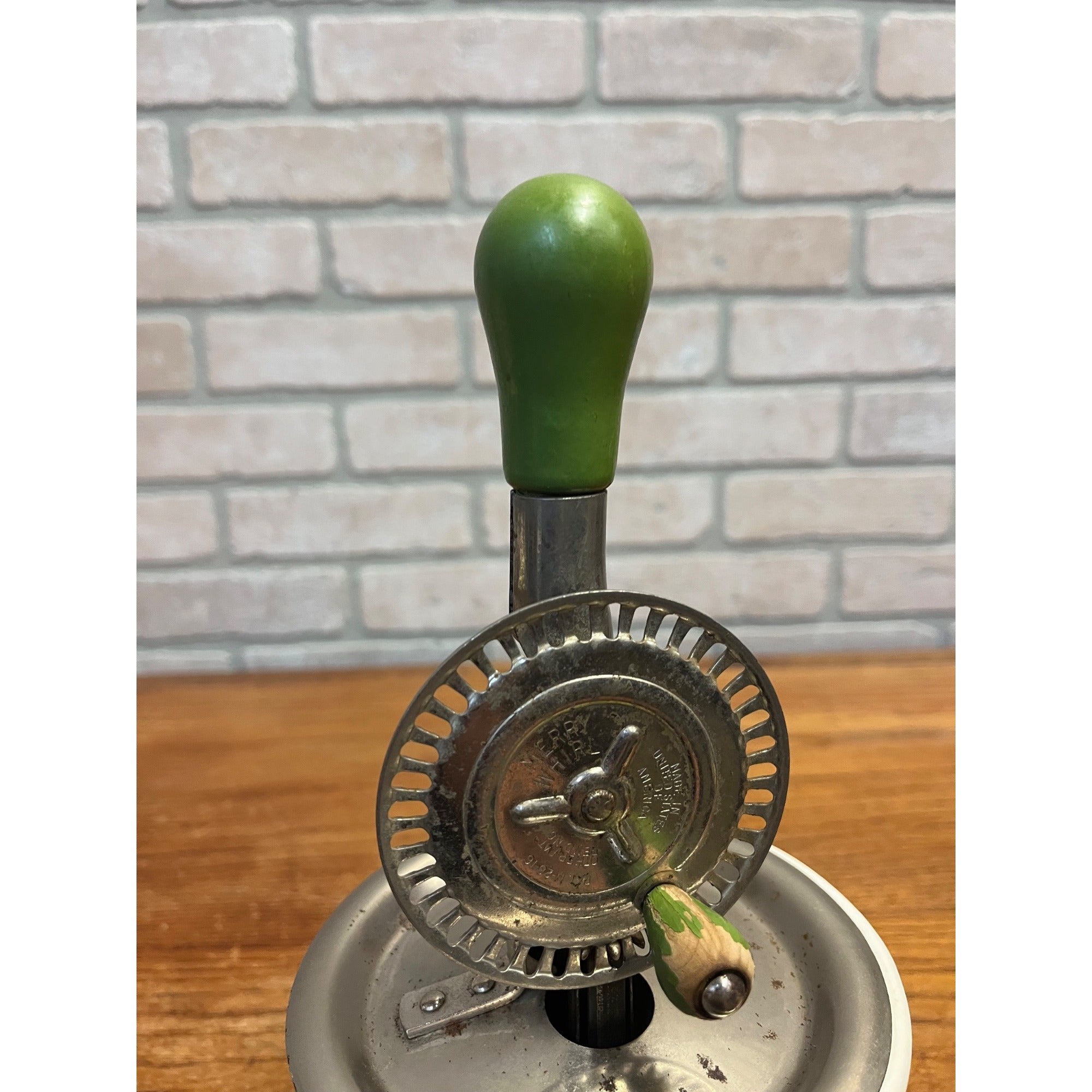 Vintage Merry Whirl Hand-Crank Egg Beater Enameled Cast Iron Jar Primitive Kitchen Decor