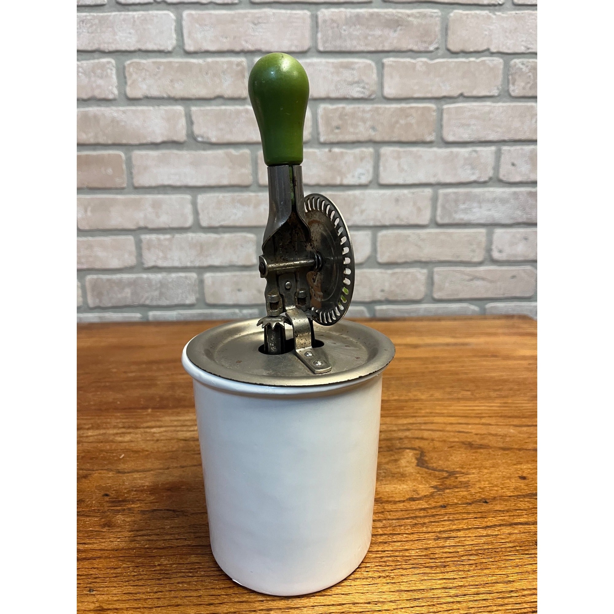 Vintage Merry Whirl Hand-Crank Egg Beater Enameled Cast Iron Jar Primitive Kitchen Decor