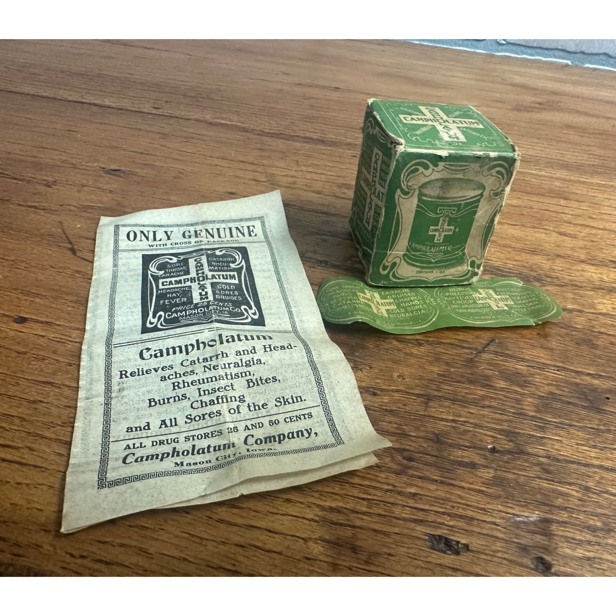 Vintage Early 1900s Campholatum Salve Box & Label for 1oz Jar Medical