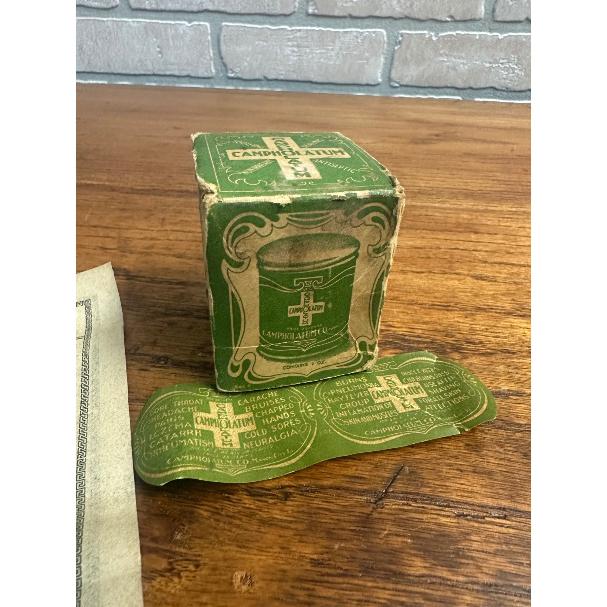 Vintage Early 1900s Campholatum Salve Box & Label for 1oz Jar Medical
