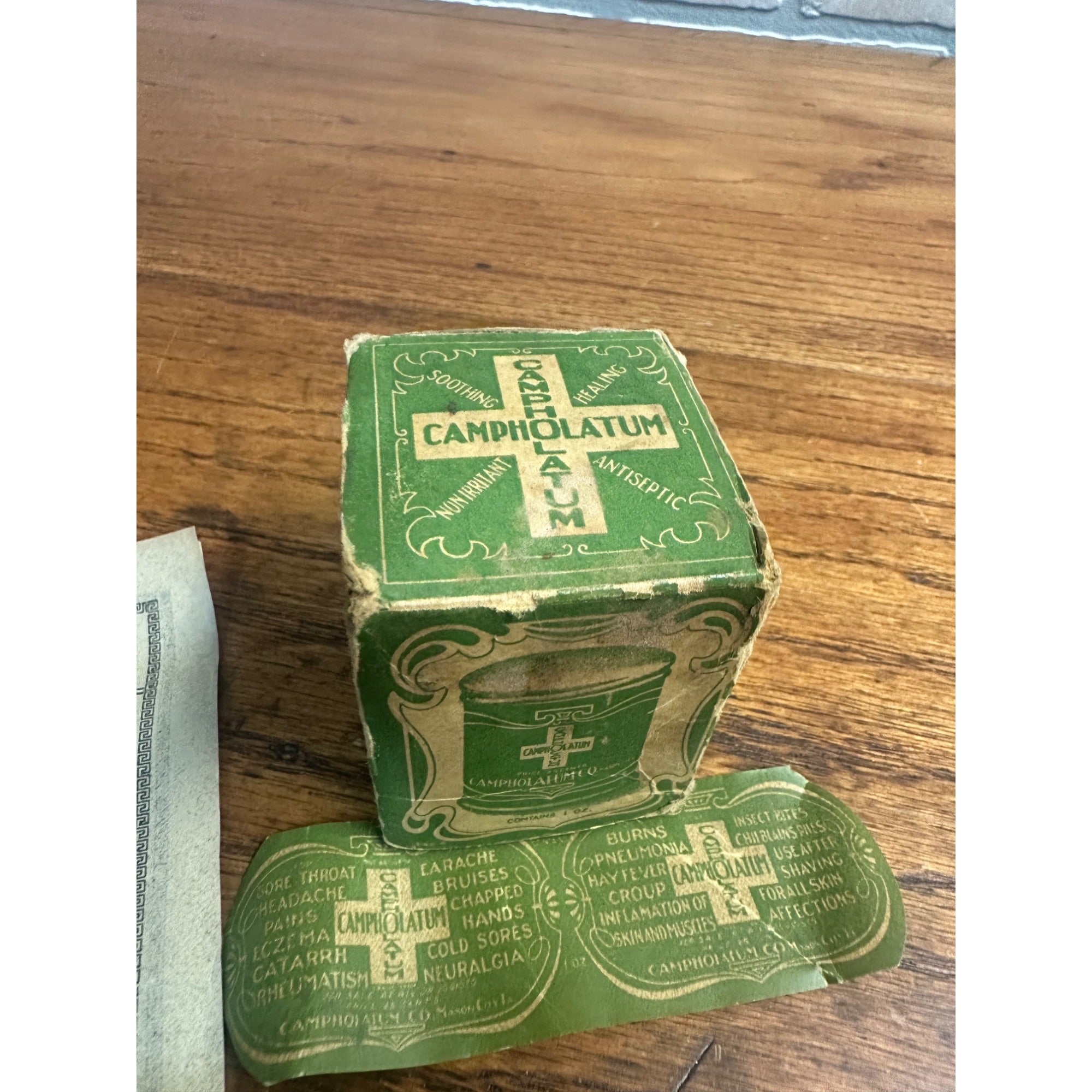 Vintage Early 1900s Campholatum Salve Box & Label for 1oz Jar Medical