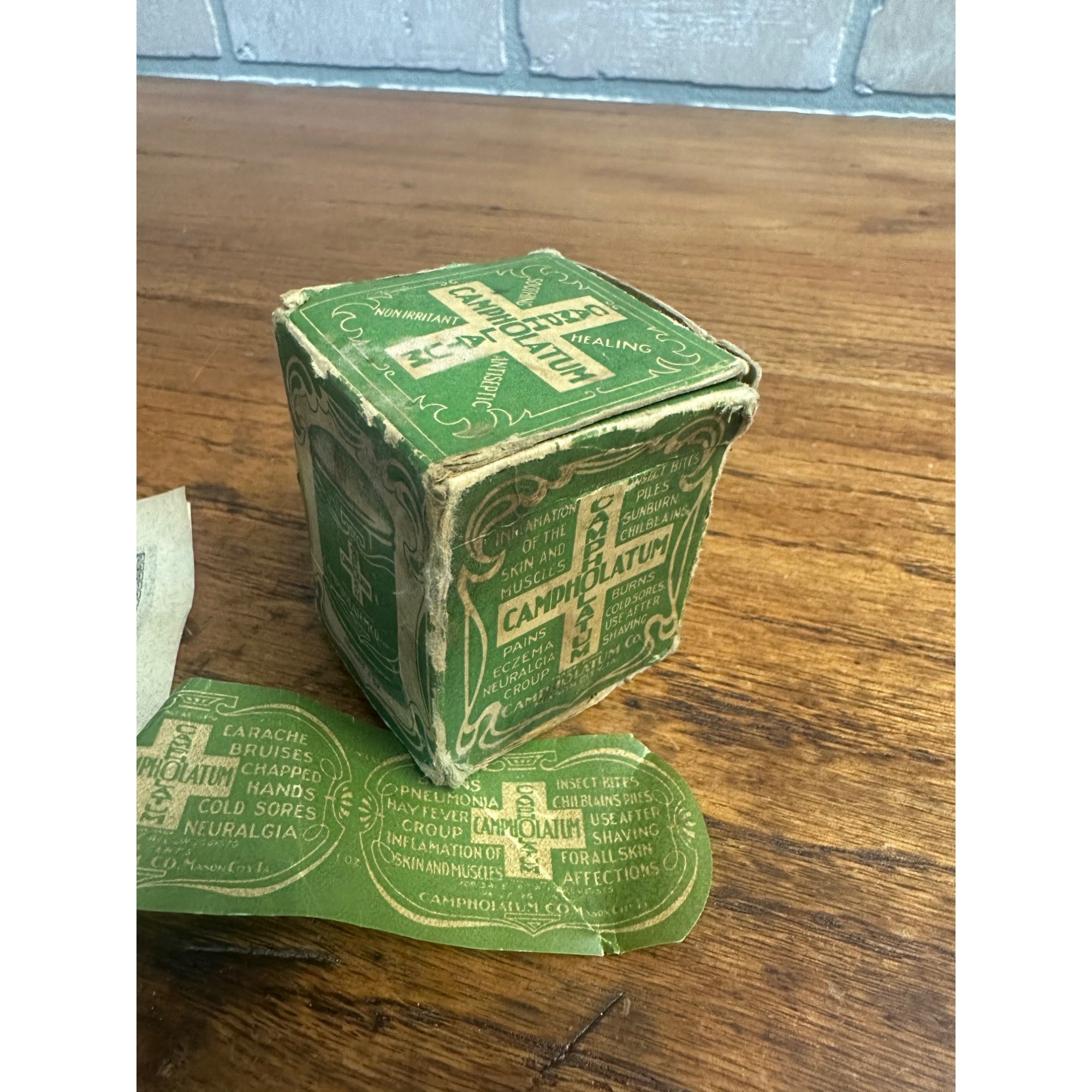 Vintage Early 1900s Campholatum Salve Box & Label for 1oz Jar Medical