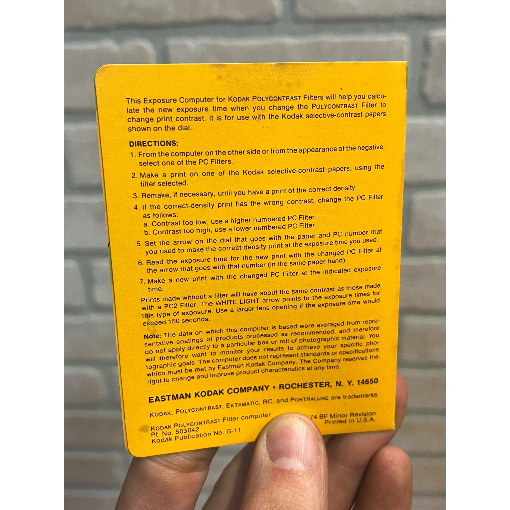 Kodak Polycontrast Filter Computer Exposure and Density Range Guide