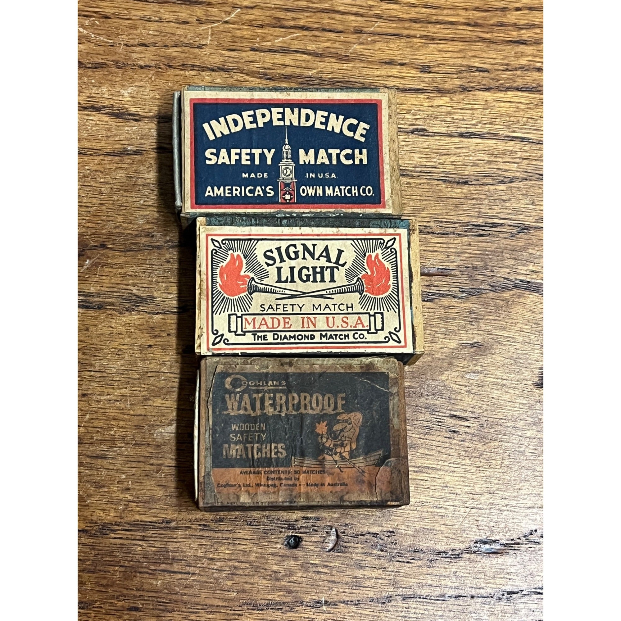 Vintage Lot (3) Safety Match Boxes - Empty - Independece, Coghlans, Signal Light