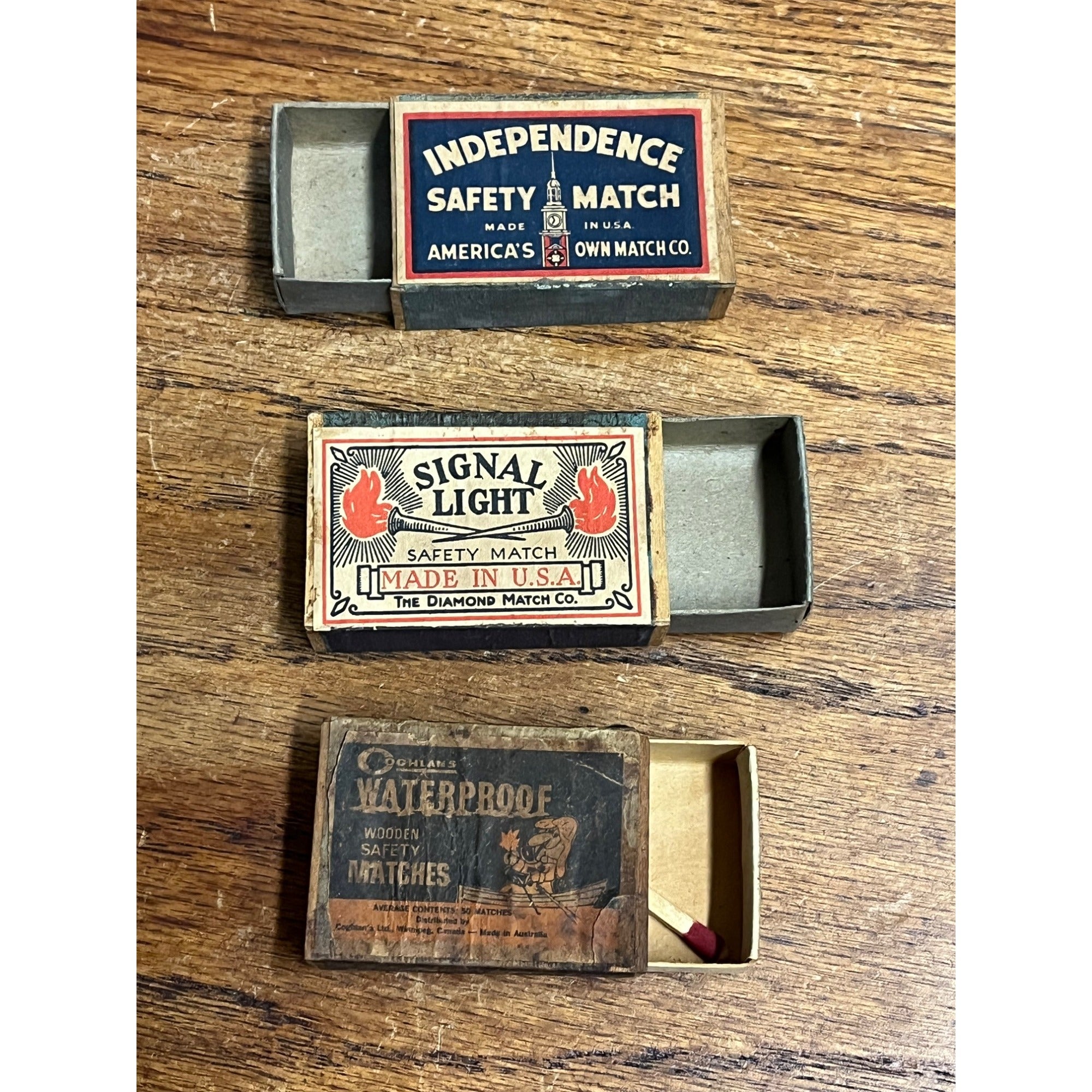 Vintage Lot (3) Safety Match Boxes - Empty - Independece, Coghlans, Signal Light
