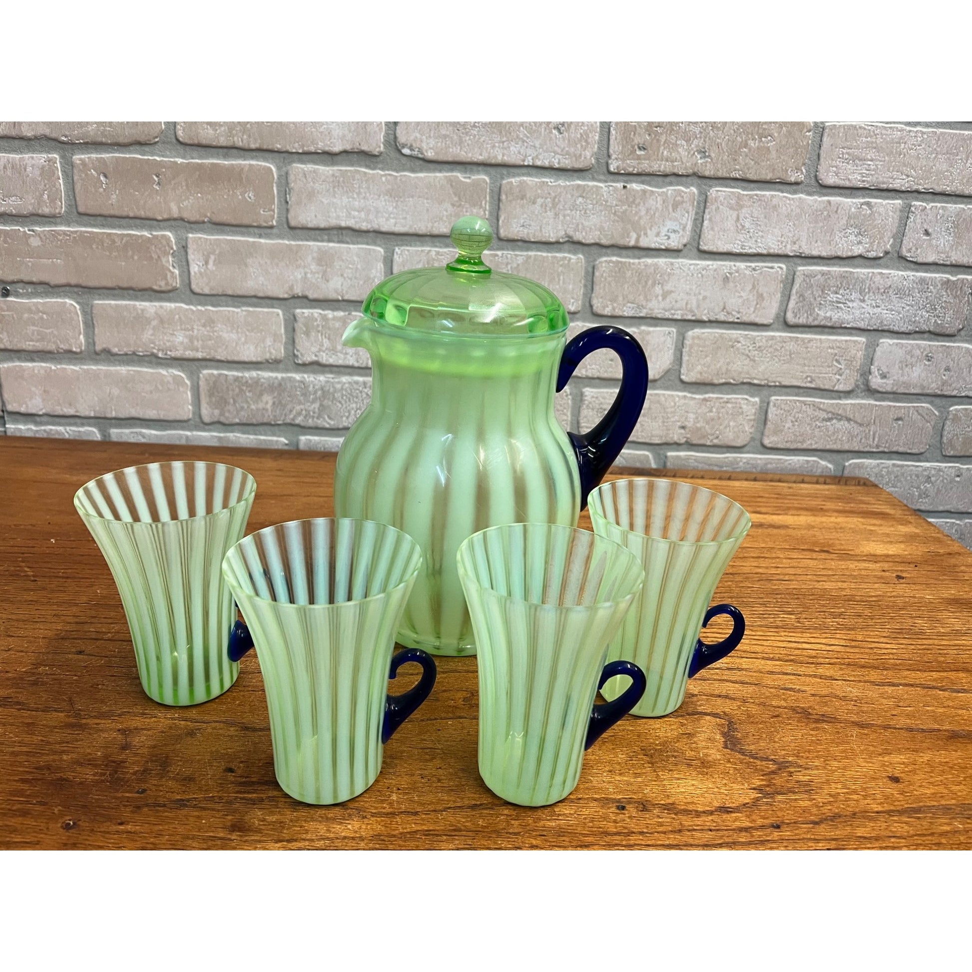 Rare Fenton Opalescent Vaseline Green Rib Lemonade Pitcher & Glass 5pc Set