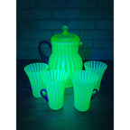 Rare Fenton Opalescent Vaseline Green Rib Lemonade Pitcher & Glass 5pc Set