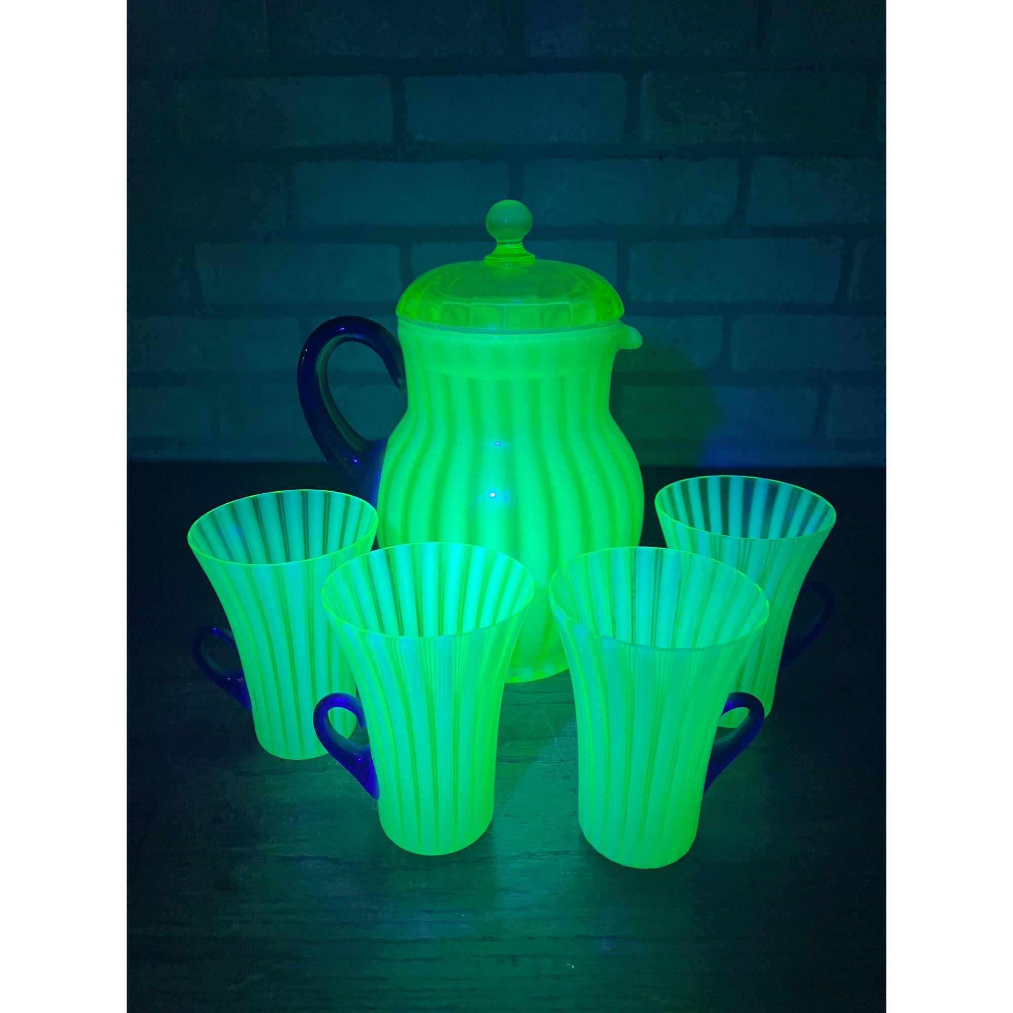 Rare Fenton Opalescent Vaseline Green Rib Lemonade Pitcher & Glass 5pc Set