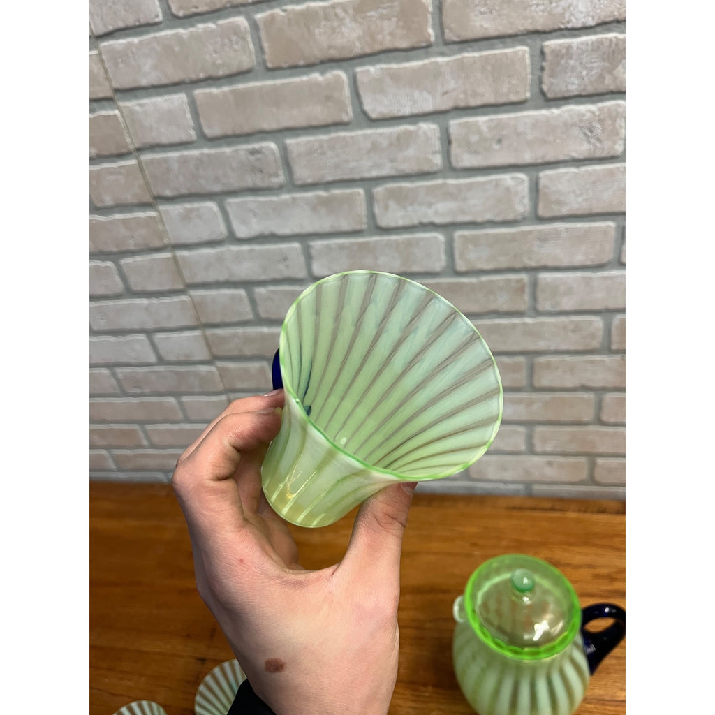 Rare Fenton Opalescent Vaseline Green Rib Lemonade Pitcher & Glass 5pc Set