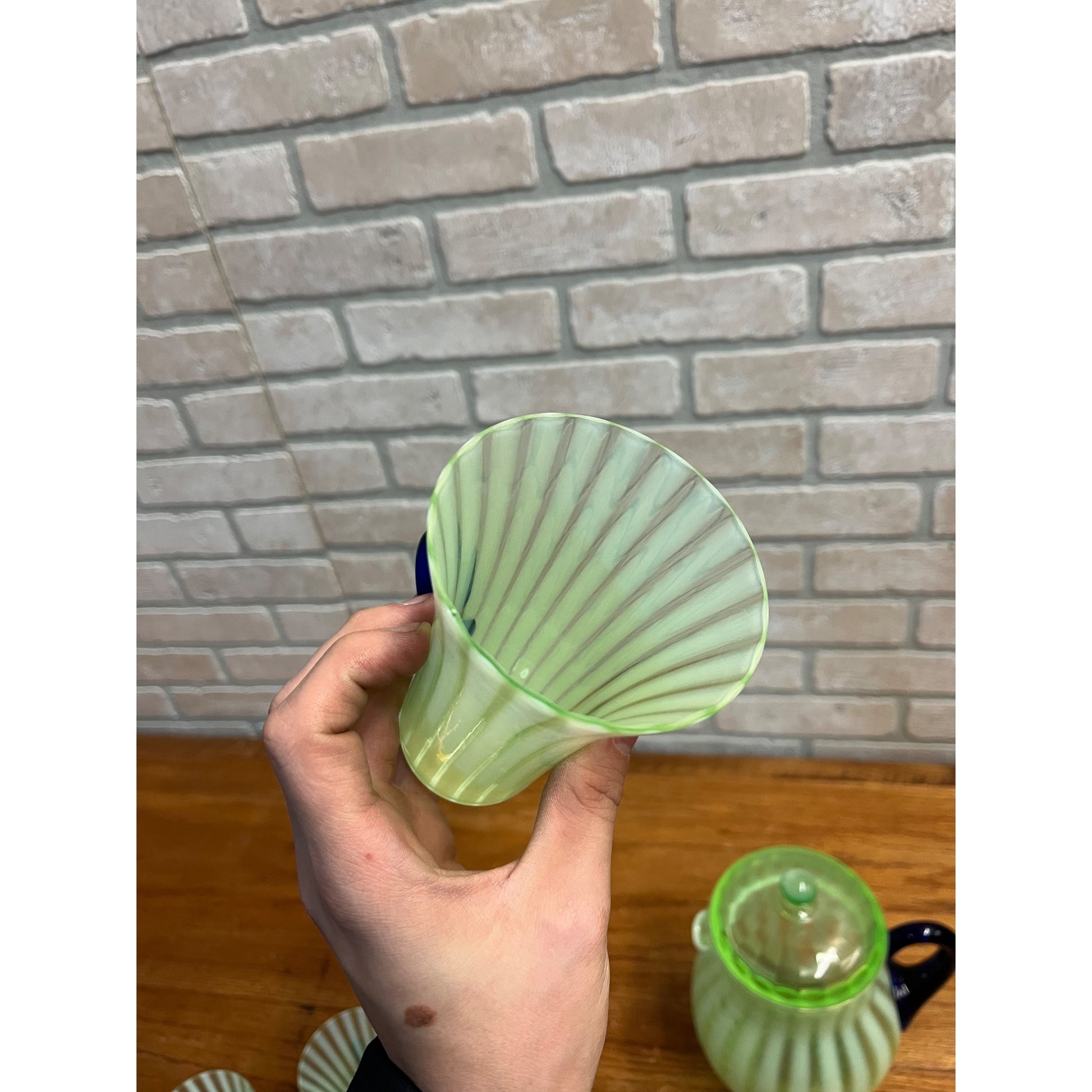 Rare Fenton Opalescent Vaseline Green Rib Lemonade Pitcher & Glass 5pc Set