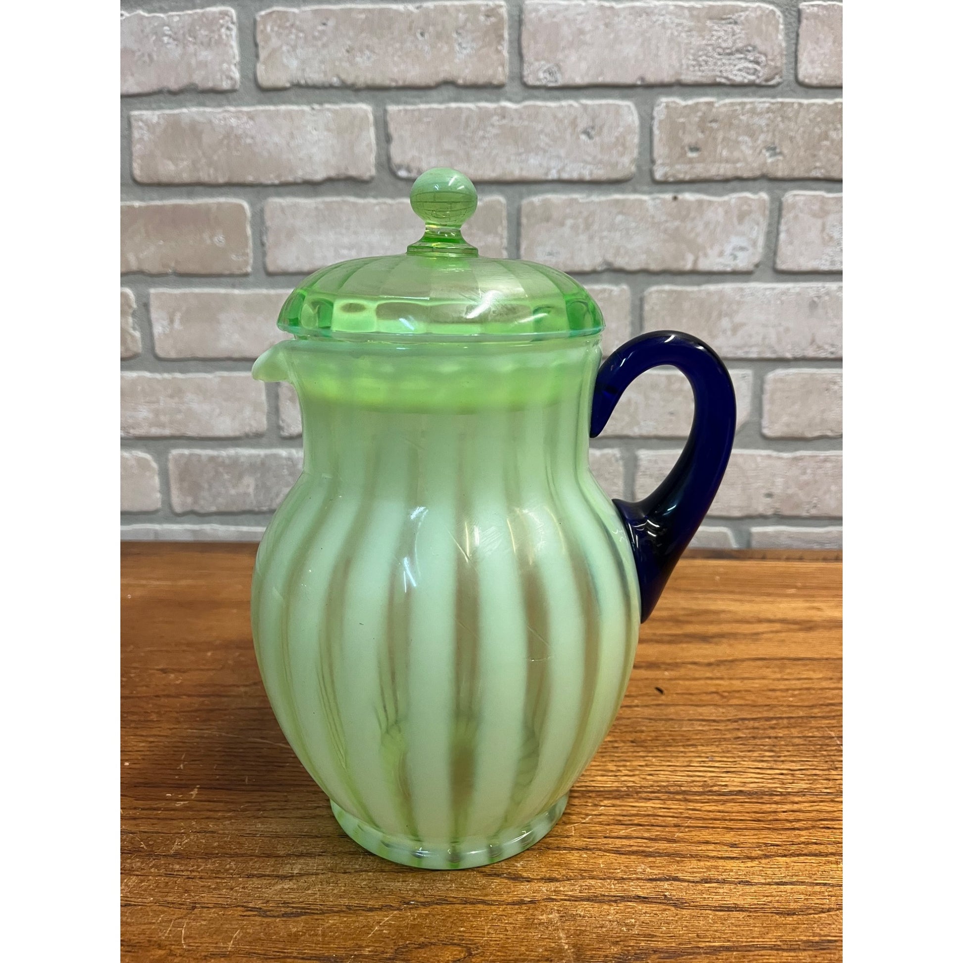 Rare Fenton Opalescent Vaseline Green Rib Lemonade Pitcher & Glass 5pc Set