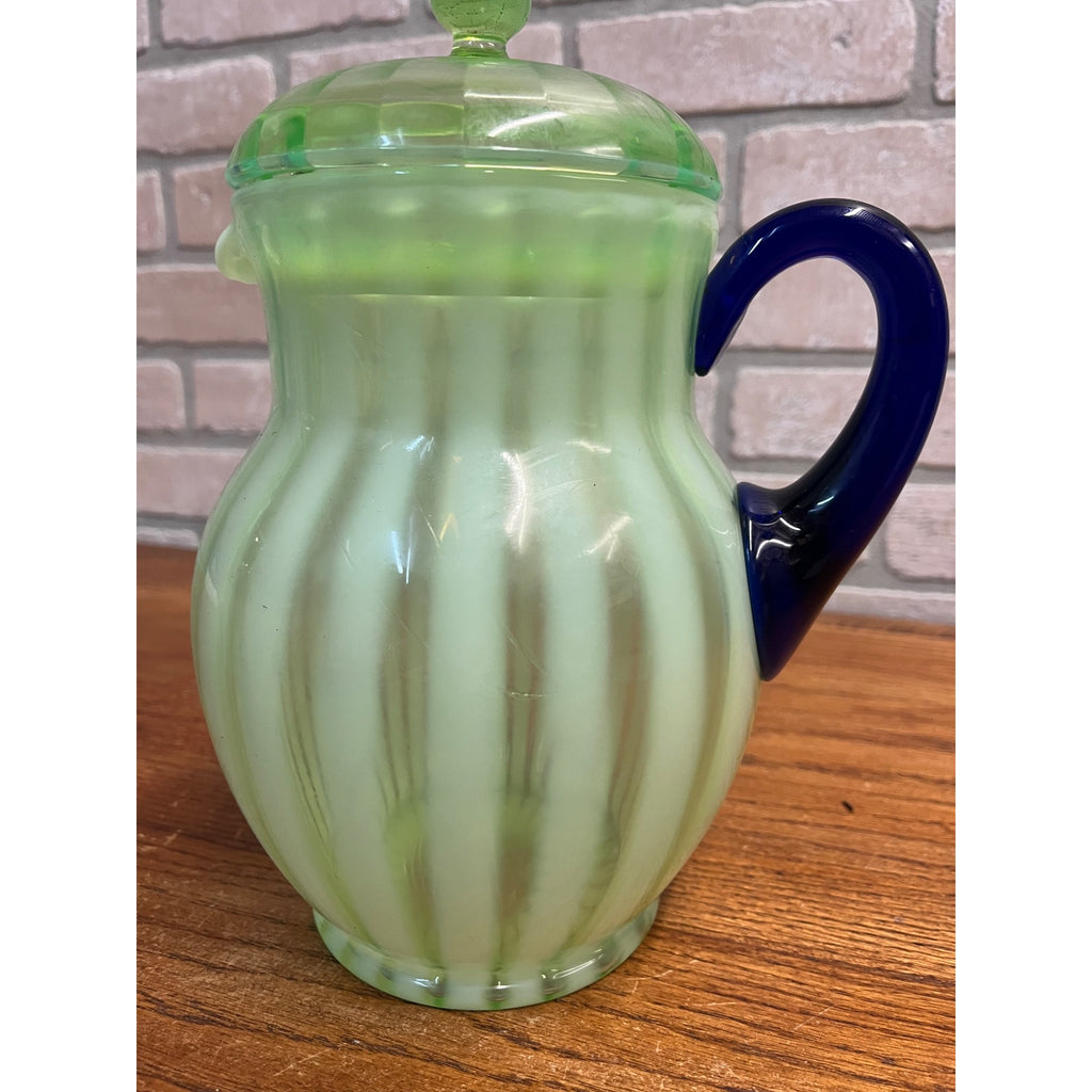 Rare Fenton Opalescent Vaseline Green Rib Lemonade Pitcher & Glass 5pc Set