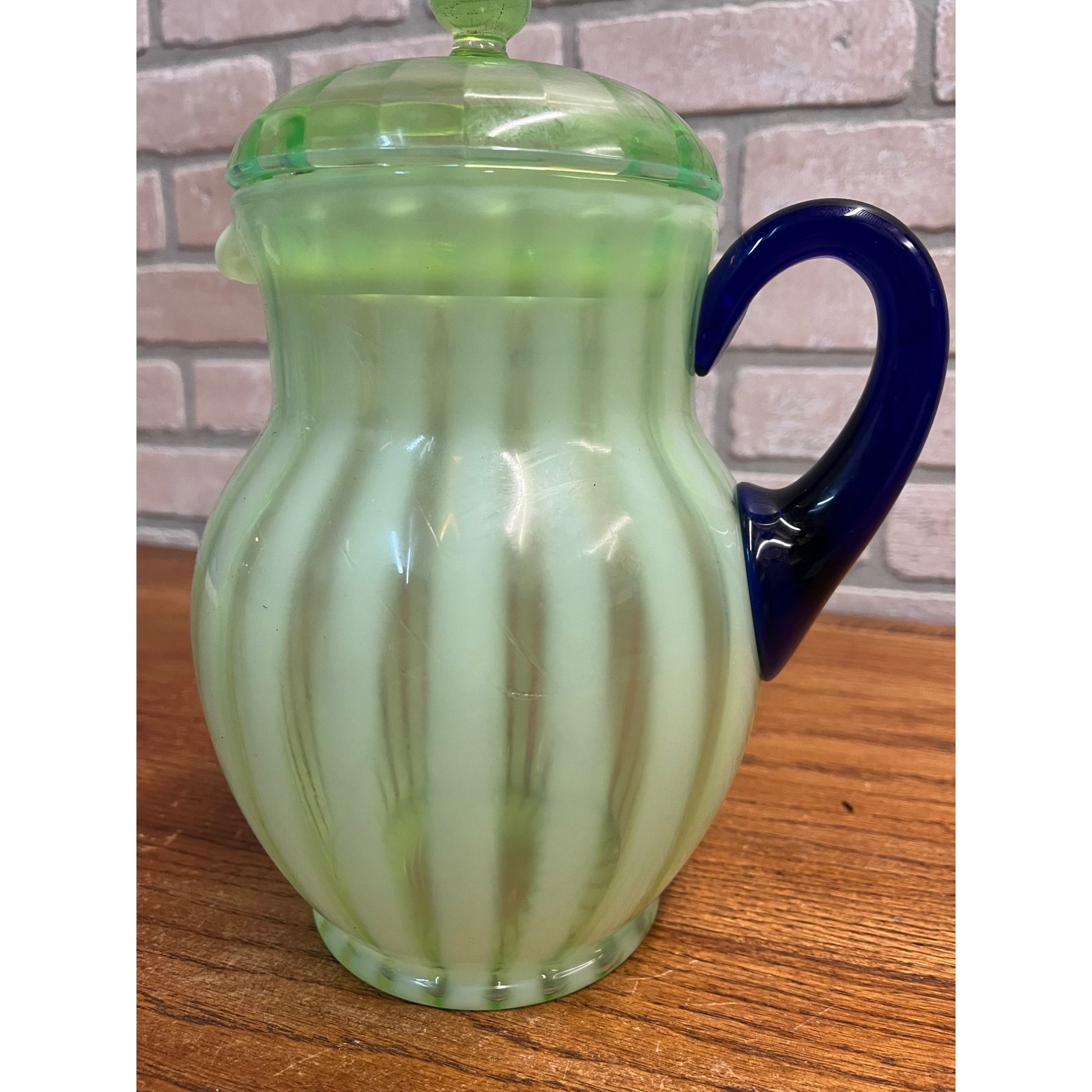 Rare Fenton Opalescent Vaseline Green Rib Lemonade Pitcher & Glass 5pc Set