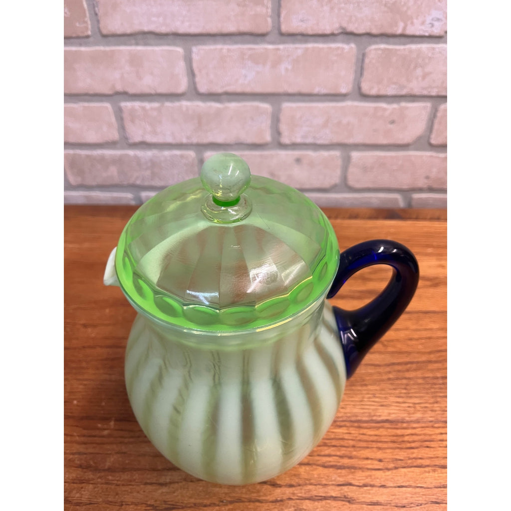 Rare Fenton Opalescent Vaseline Green Rib Lemonade Pitcher & Glass 5pc Set
