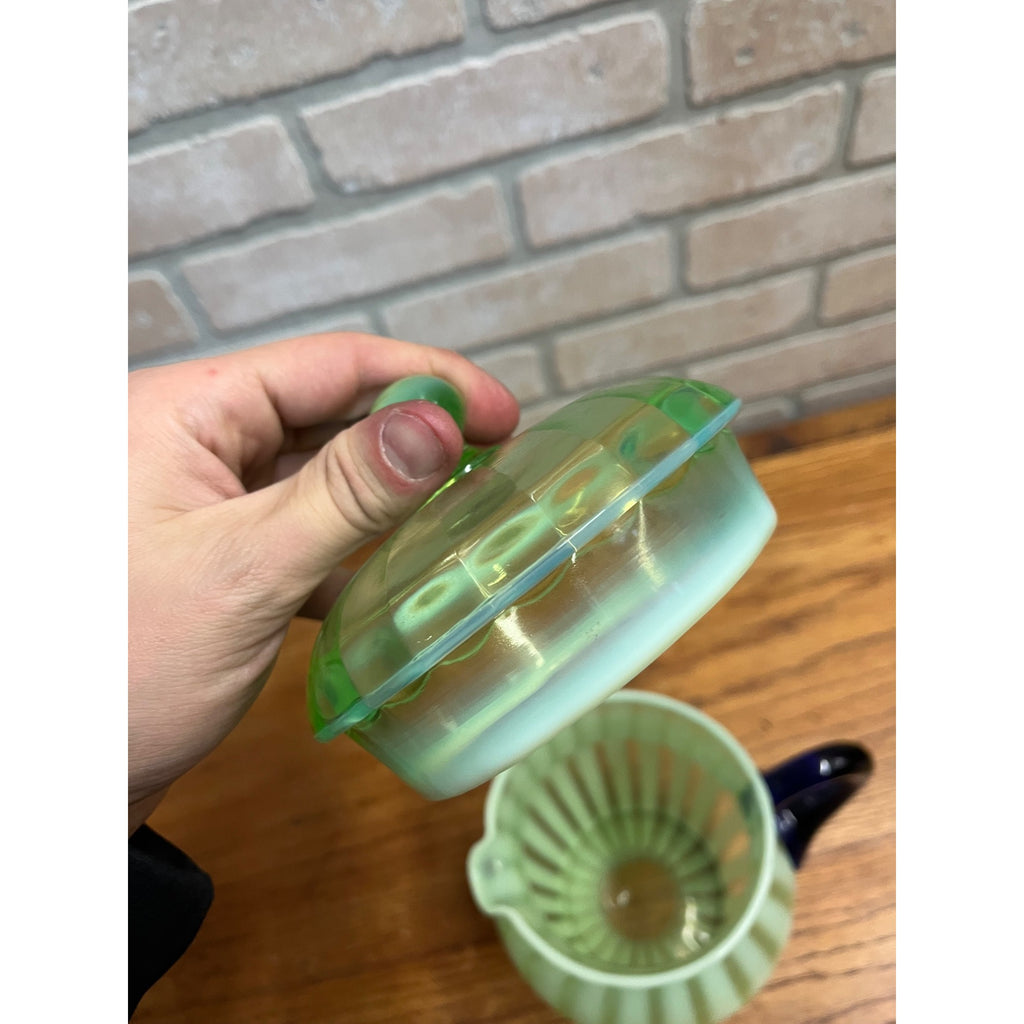 Rare Fenton Opalescent Vaseline Green Rib Lemonade Pitcher & Glass 5pc Set