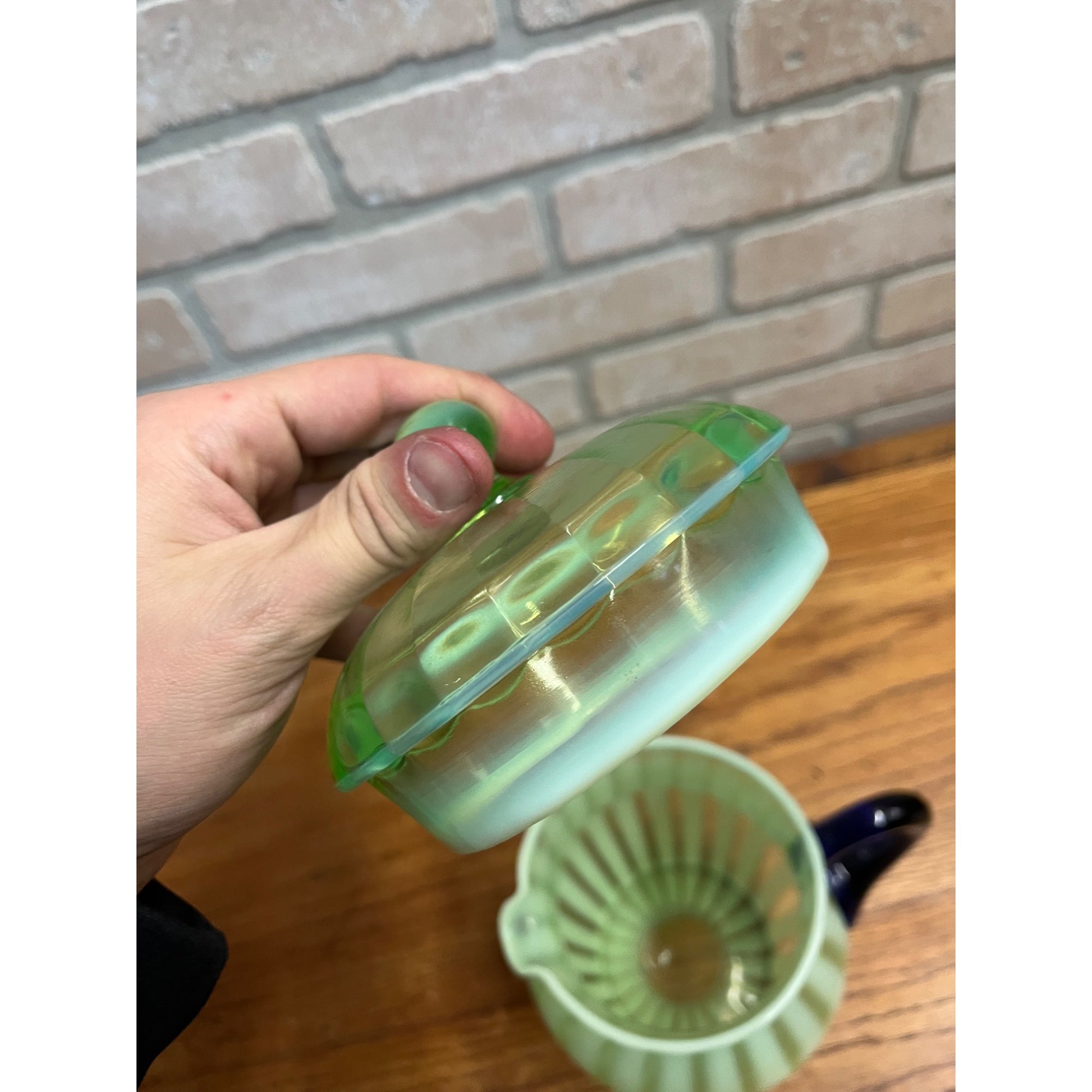 Rare Fenton Opalescent Vaseline Green Rib Lemonade Pitcher & Glass 5pc Set