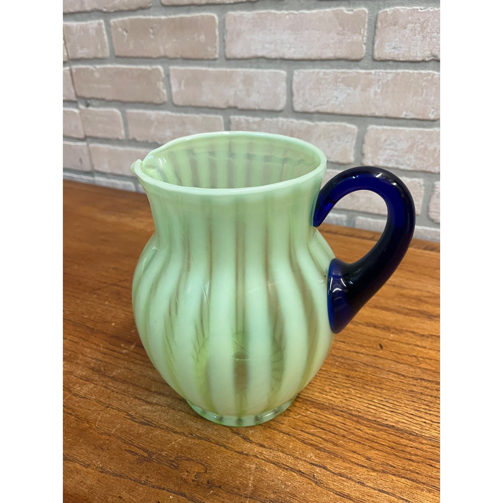Rare Fenton Opalescent Vaseline Green Rib Lemonade Pitcher & Glass 5pc Set