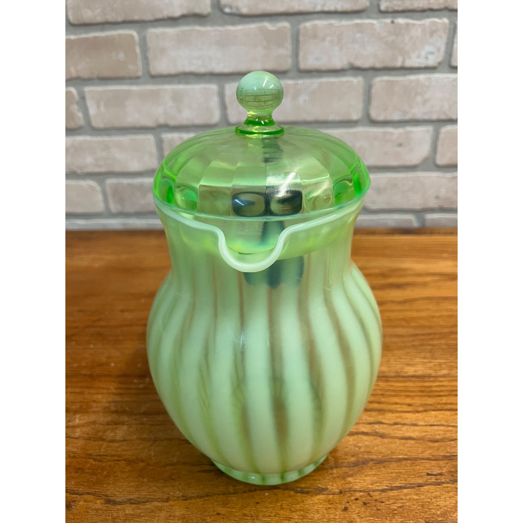 Rare Fenton Opalescent Vaseline Green Rib Lemonade Pitcher & Glass 5pc Set