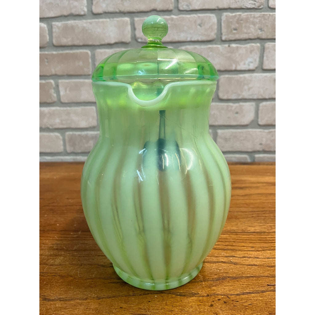 Rare Fenton Opalescent Vaseline Green Rib Lemonade Pitcher & Glass 5pc Set