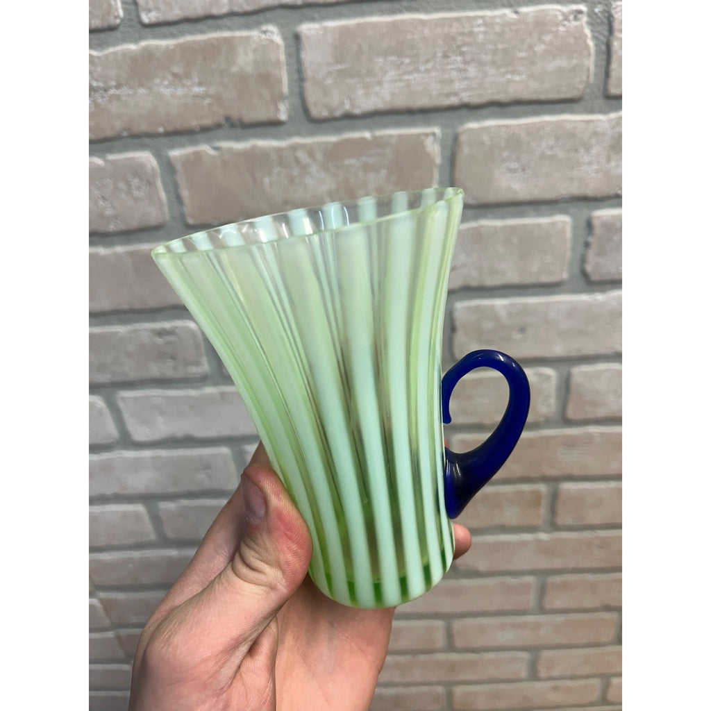 Rare Fenton Opalescent Vaseline Green Rib Lemonade Pitcher & Glass 5pc Set