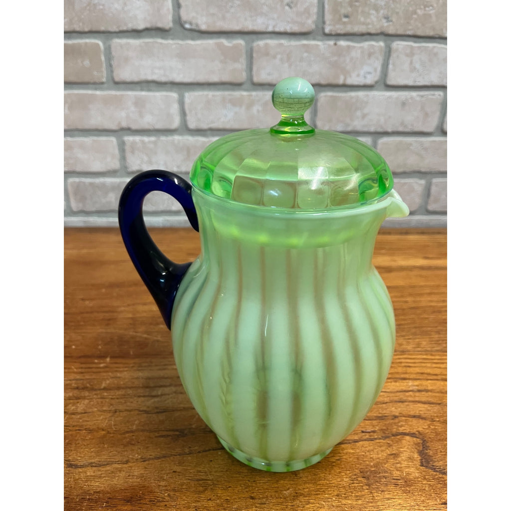 Rare Fenton Opalescent Vaseline Green Rib Lemonade Pitcher & Glass 5pc Set