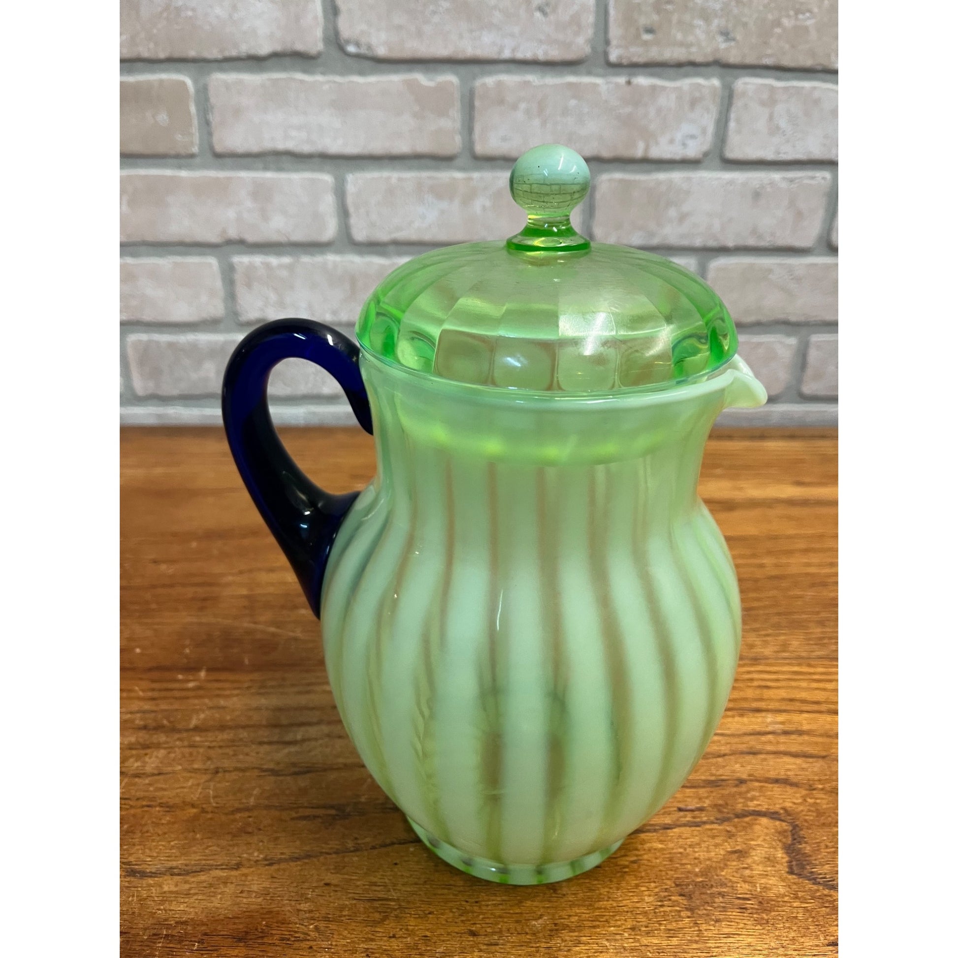 Rare Fenton Opalescent Vaseline Green Rib Lemonade Pitcher & Glass 5pc Set