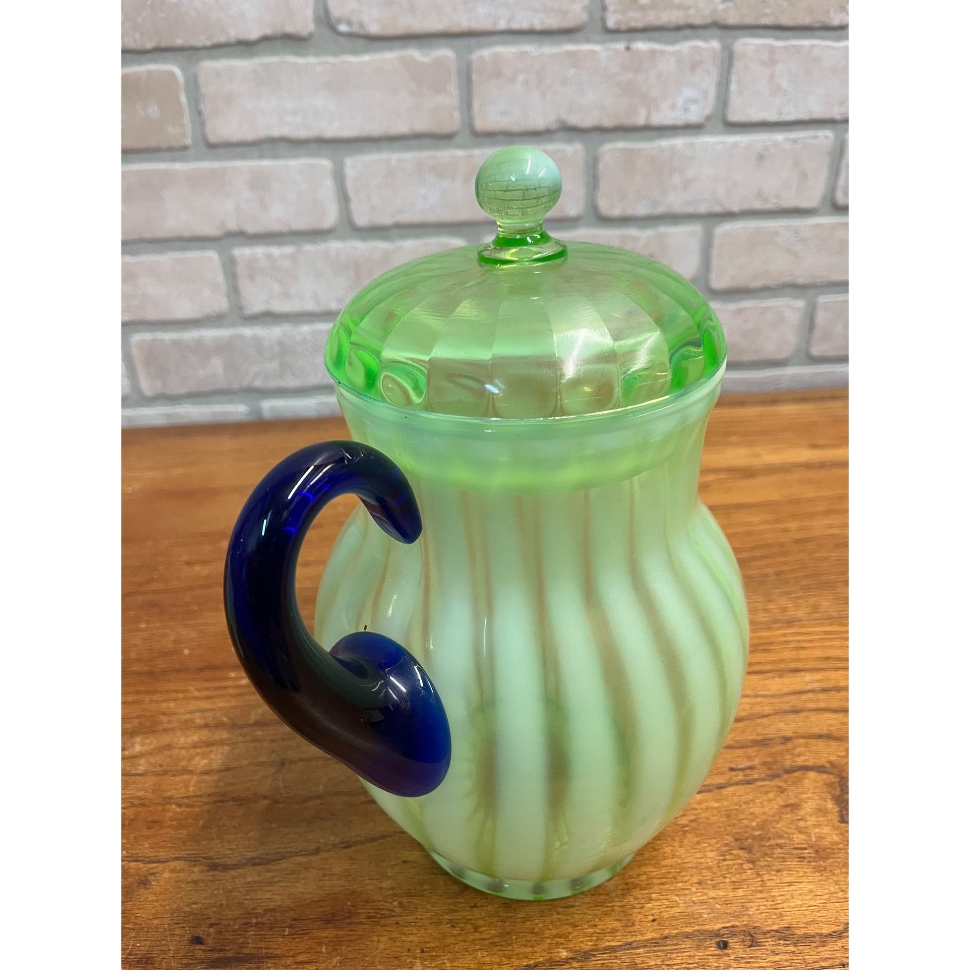 Rare Fenton Opalescent Vaseline Green Rib Lemonade Pitcher & Glass 5pc Set