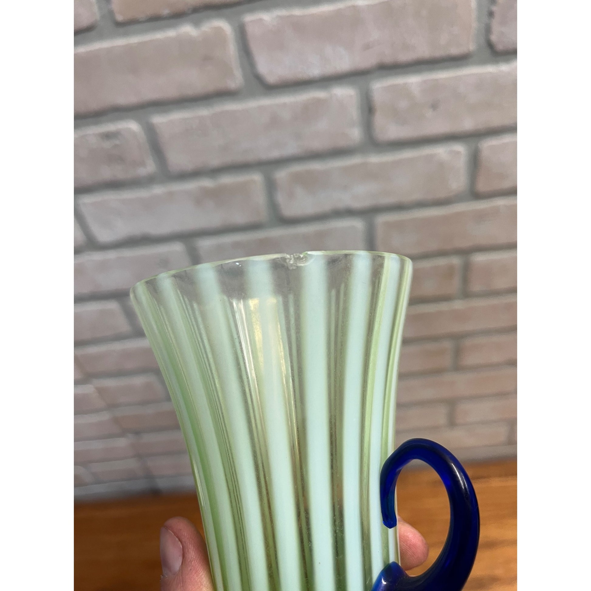 Rare Fenton Opalescent Vaseline Green Rib Lemonade Pitcher & Glass 5pc Set