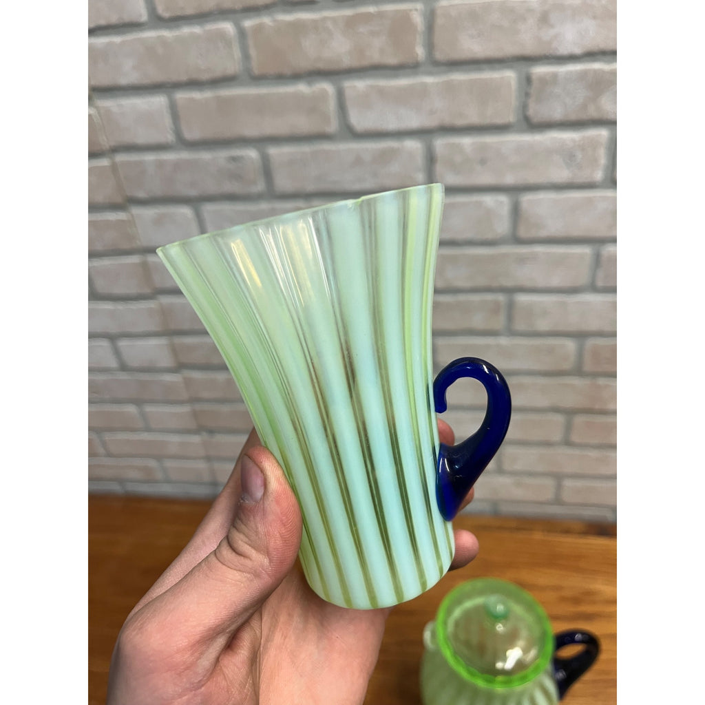 Rare Fenton Opalescent Vaseline Green Rib Lemonade Pitcher & Glass 5pc Set