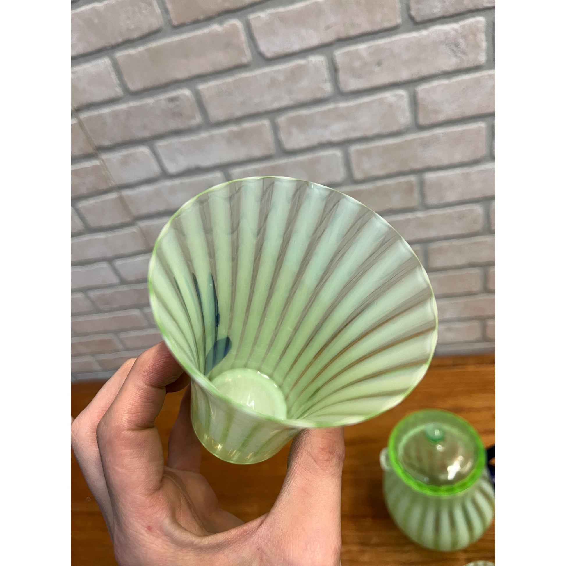 Rare Fenton Opalescent Vaseline Green Rib Lemonade Pitcher & Glass 5pc Set