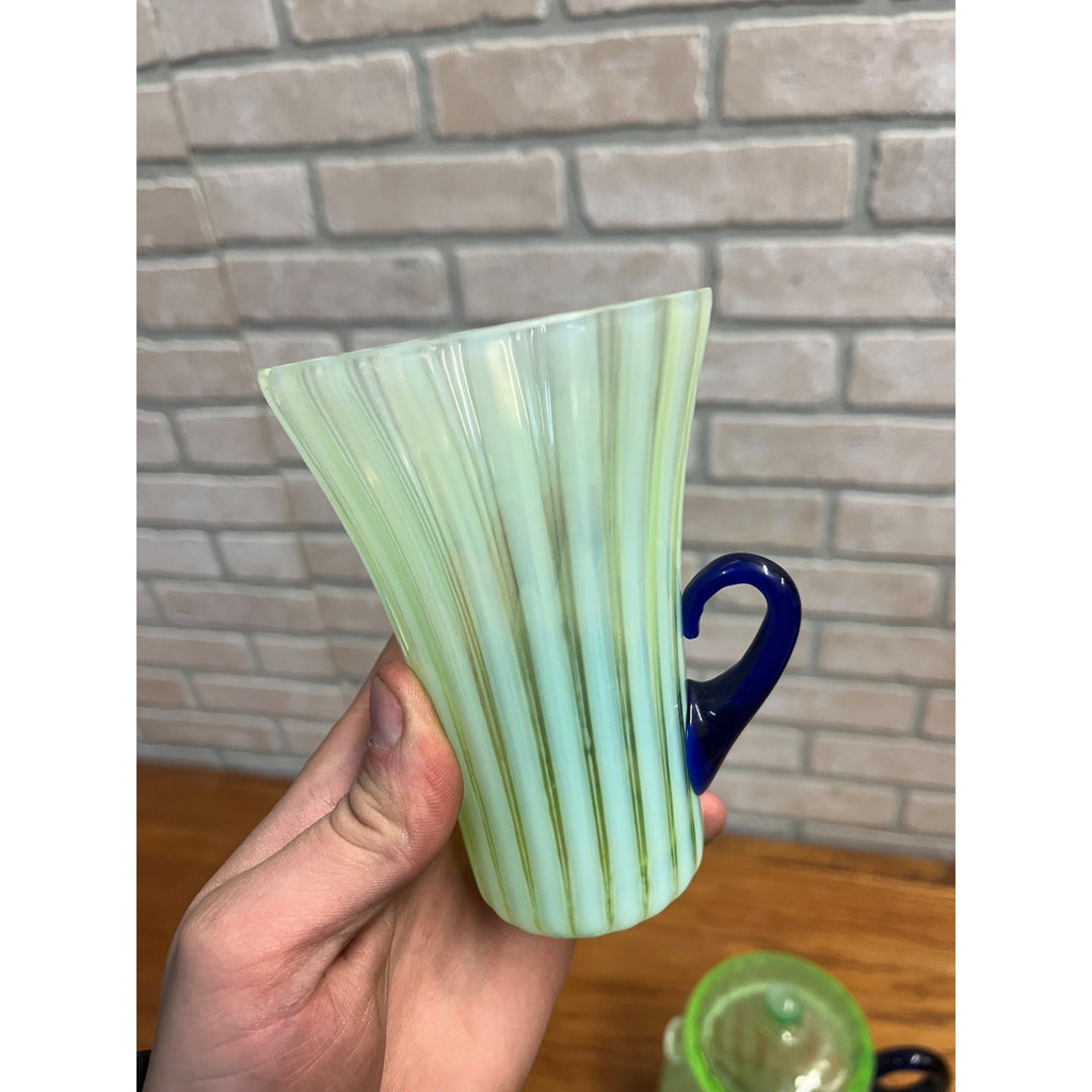 Rare Fenton Opalescent Vaseline Green Rib Lemonade Pitcher & Glass 5pc Set