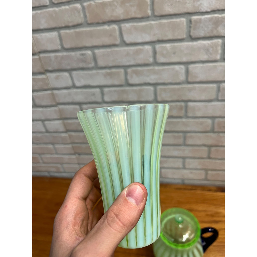 Rare Fenton Opalescent Vaseline Green Rib Lemonade Pitcher & Glass 5pc Set