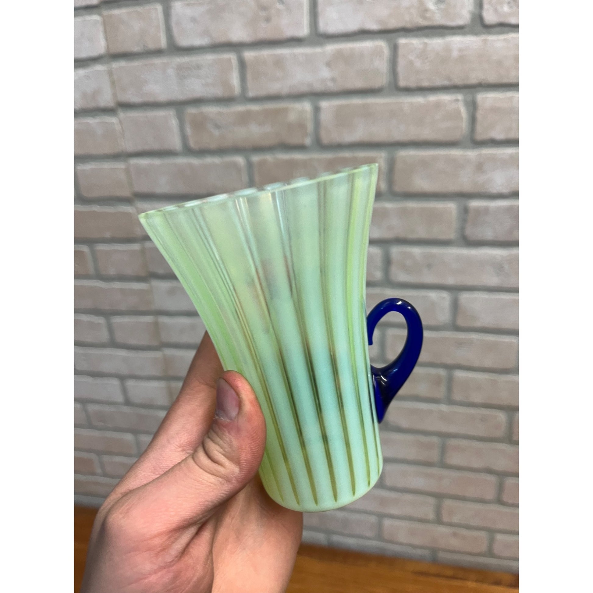 Rare Fenton Opalescent Vaseline Green Rib Lemonade Pitcher & Glass 5pc Set